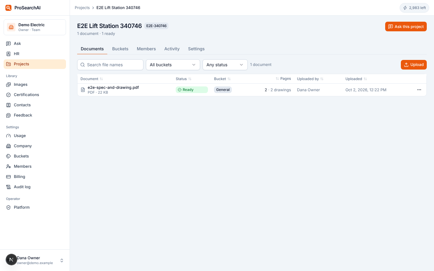 Project documents table showing a spec-and-drawing PDF with status Ready, bucket General, page count and uploader